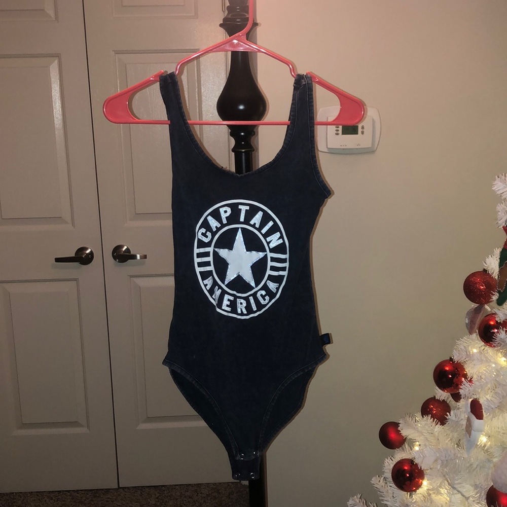 Captain America sz XS superhero one piece bodysuit navy/white logo cute bodysuit